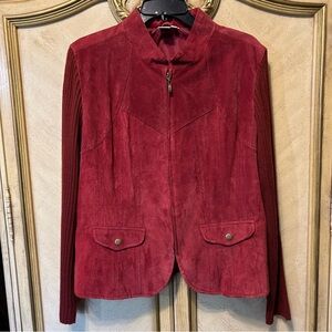 J Marco Maroon Dark Red Suede Leather & Knit Sleeve Zip Front Jacket